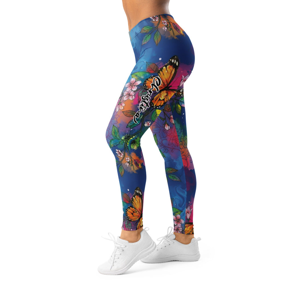 Personalisierte Damen Sportleggings Kirschblüten Schmetterling Design Blau Bunt Yoga Fitness Leggings F856