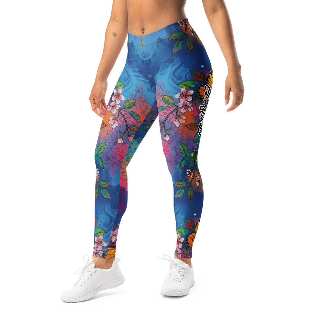 Personalisierte Damen Sportleggings Kirschblüten Schmetterling Design Blau Bunt Yoga Fitness Leggings F856
