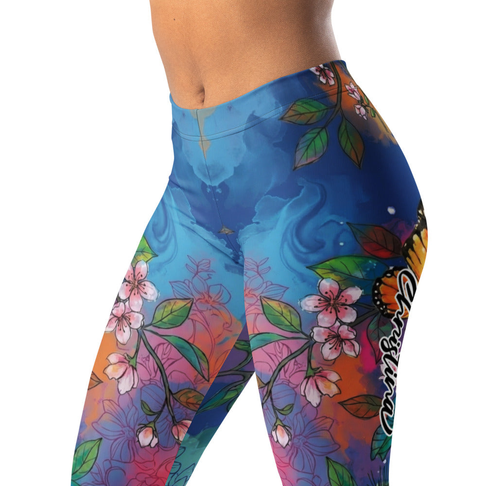 Personalisierte Damen Sportleggings Kirschblüten Schmetterling Design Blau Bunt Yoga Fitness Leggings F856