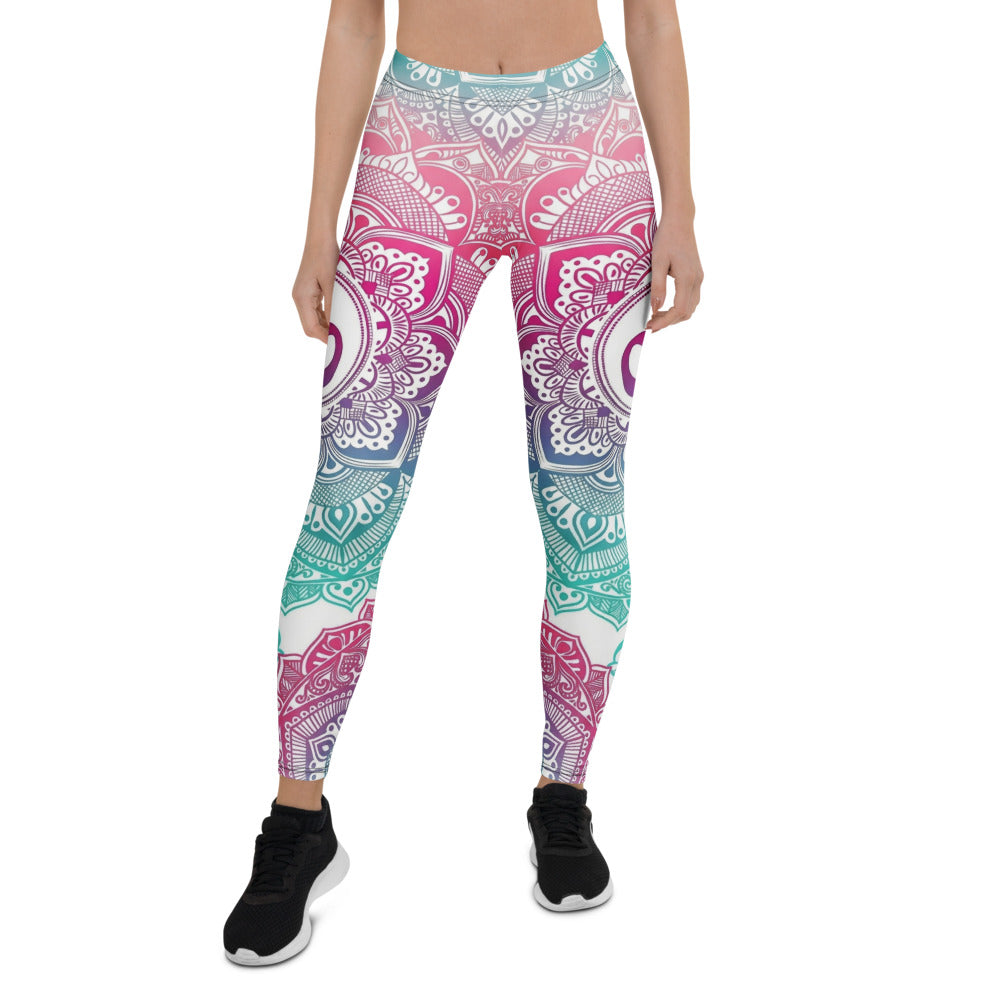 Personalisierte Damen Yoga Leggings Mandala Muster Bunt Türkis Pink Sportleggings Fitnesshose C823