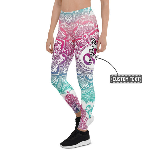 Personalisierte Damen Yoga Leggings Mandala Muster Bunt Türkis Pink Sportleggings Fitnesshose C823 - XL