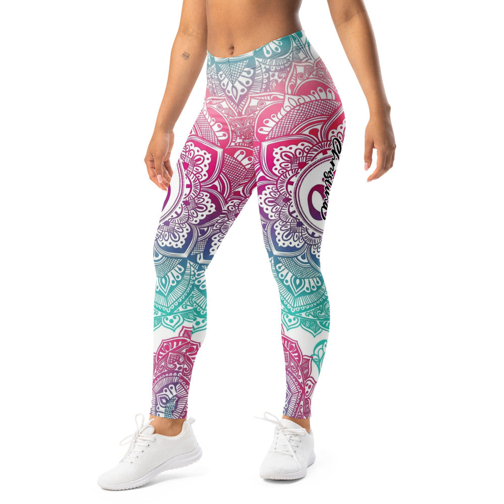 Personalisierte Damen Yoga Leggings Mandala Muster Bunt Türkis Pink Sportleggings Fitnesshose C823
