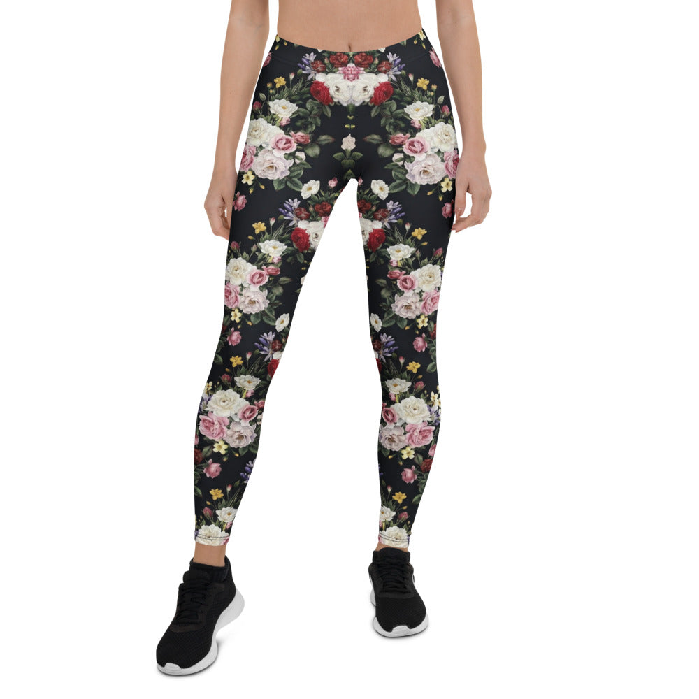 Personalisierte Damen Sportleggings Blumenmuster Schwarz Fitness Yoga Leggings Rosen Design R737