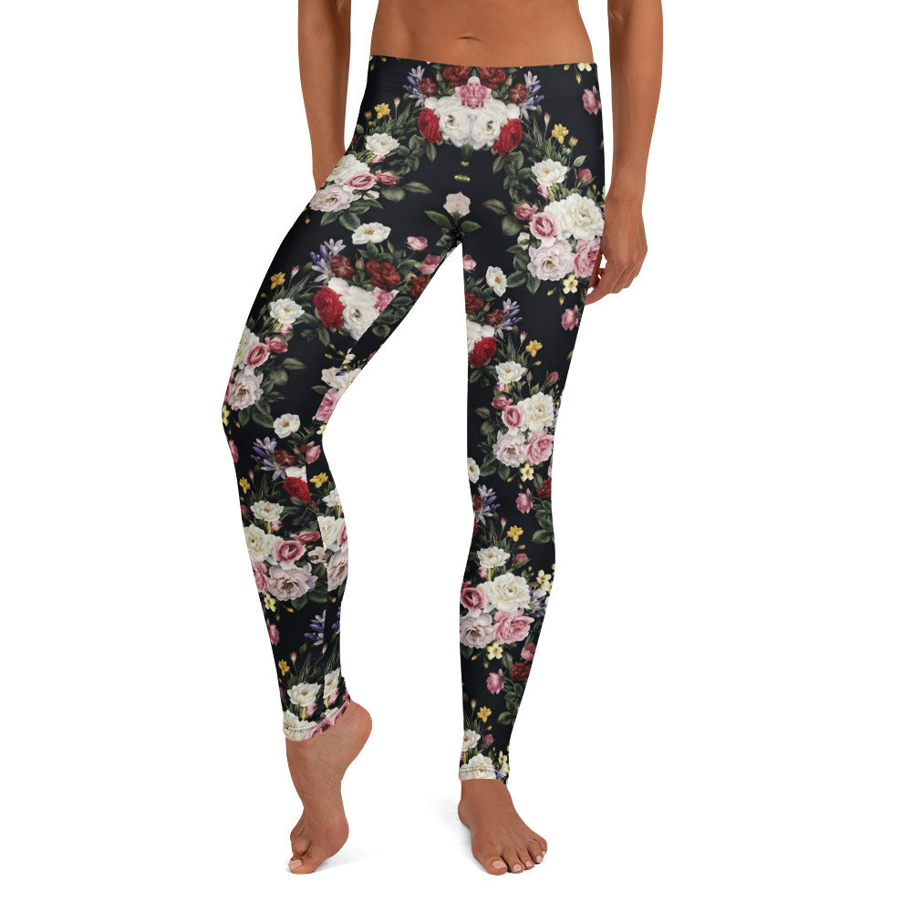Personalisierte Damen Sportleggings Blumenmuster Schwarz Fitness Yoga Leggings Rosen Design R737