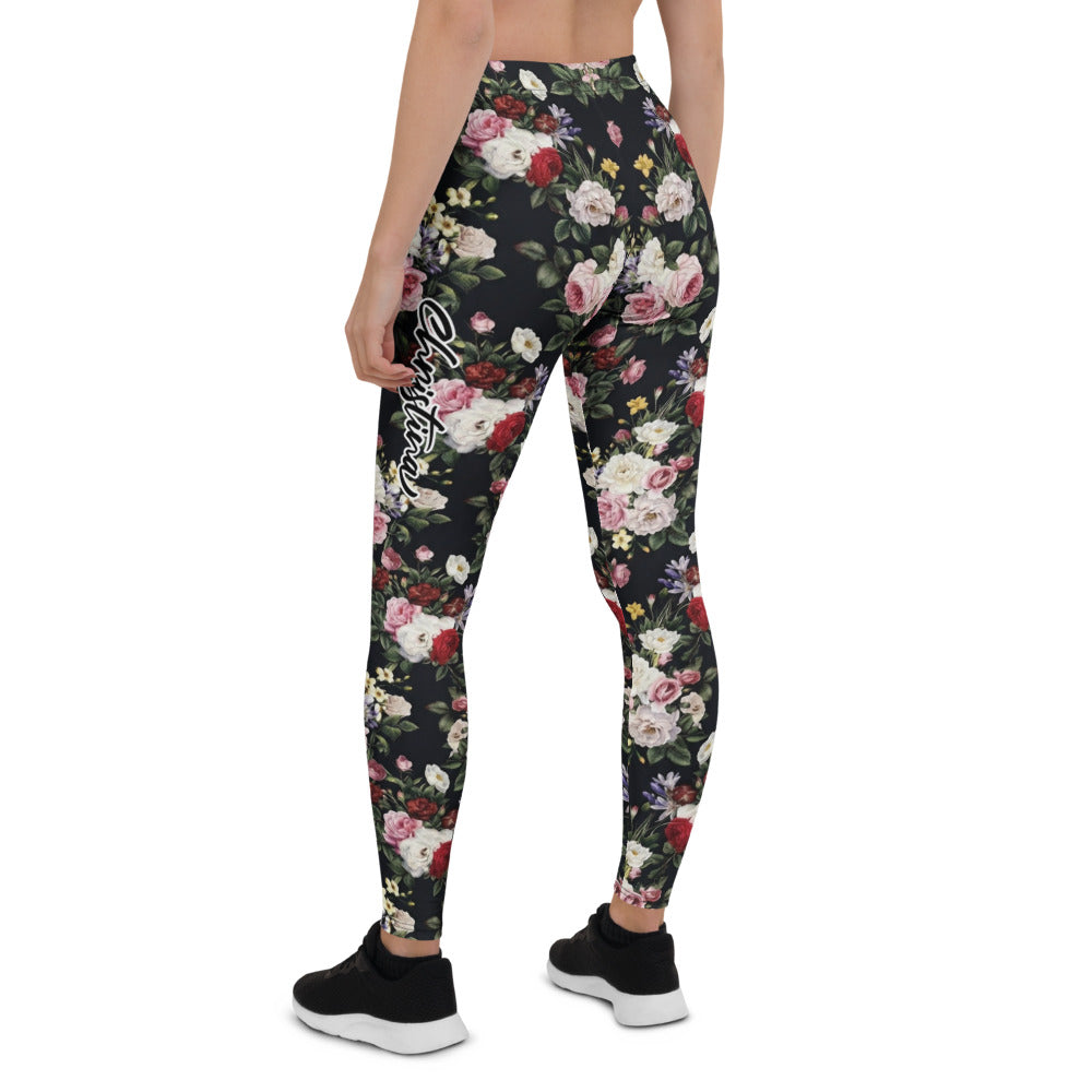 Personalisierte Damen Sportleggings Blumenmuster Schwarz Fitness Yoga Leggings Rosen Design R737
