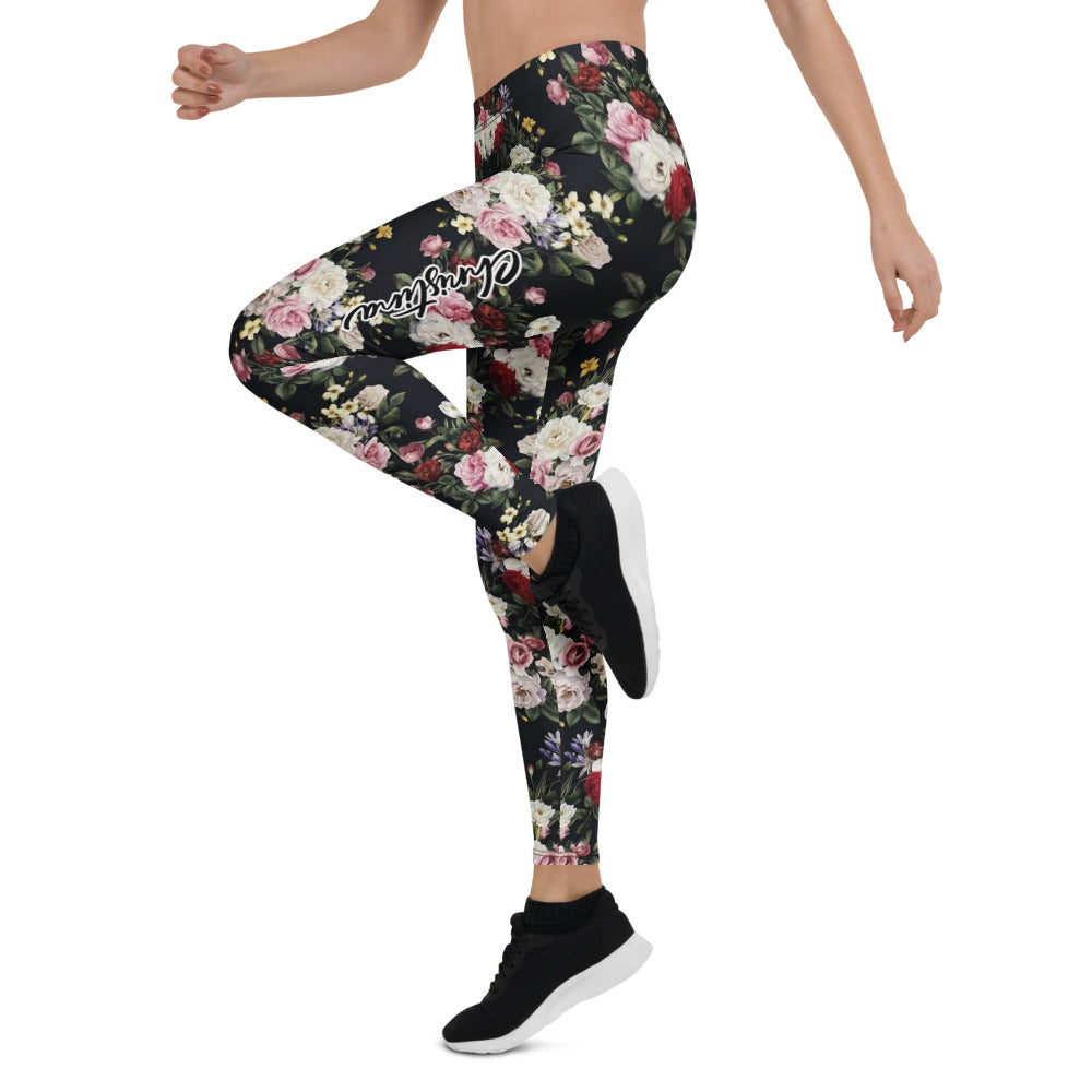 Personalisierte Damen Sportleggings Blumenmuster Schwarz Fitness Yoga Leggings Rosen Design R737