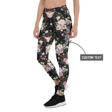 Personalisierte Damen Sportleggings Blumenmuster Schwarz Fitness Yoga Leggings Rosen Design R737 - XL