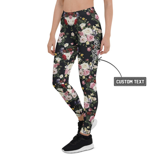 Personalisierte Damen Sportleggings Blumenmuster Schwarz Fitness Yoga Leggings Rosen Design R737 - XL