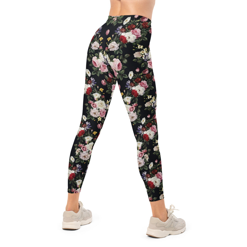 Personalisierte Damen Sportleggings Blumenmuster Schwarz Fitness Yoga Leggings Rosen Design R737