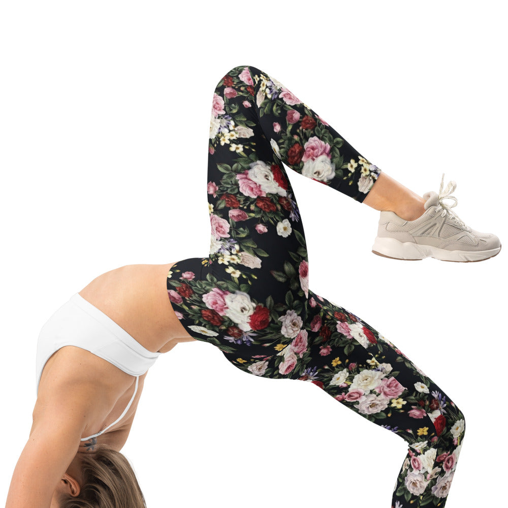 Personalisierte Damen Sportleggings Blumenmuster Schwarz Fitness Yoga Leggings Rosen Design R737