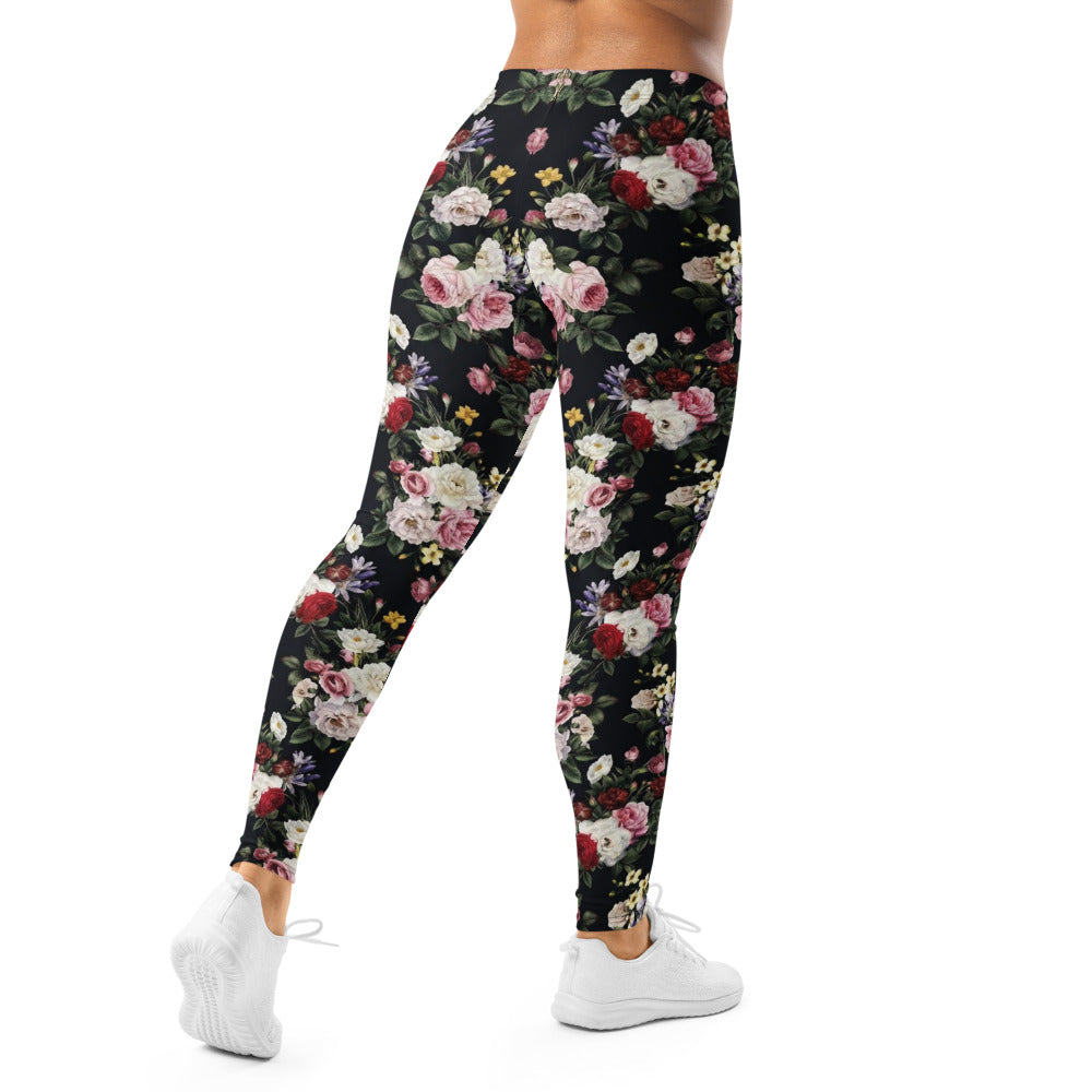 Personalisierte Damen Sportleggings Blumenmuster Schwarz Fitness Yoga Leggings Rosen Design R737
