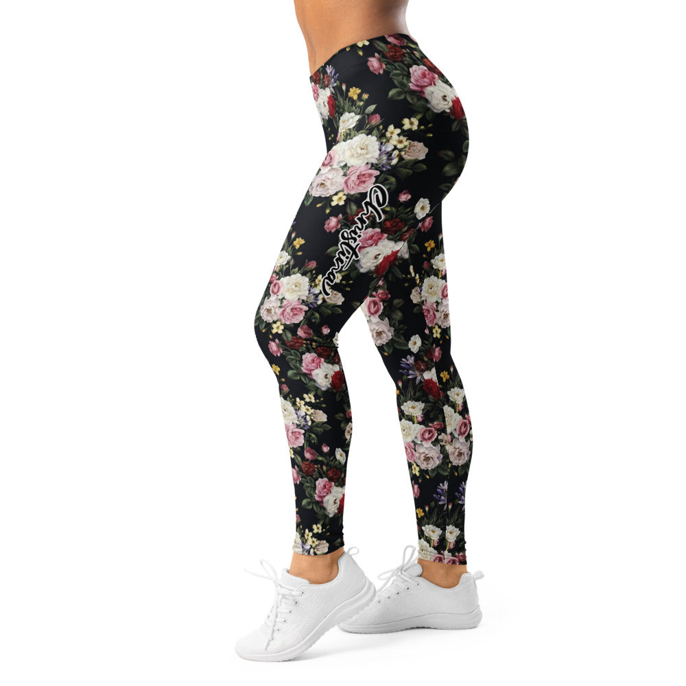 Personalisierte Damen Sportleggings Blumenmuster Schwarz Fitness Yoga Leggings Rosen Design R737