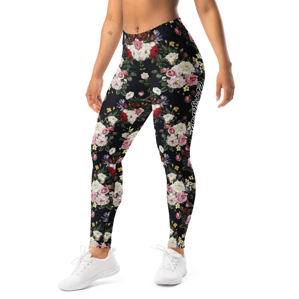 Personalisierte Damen Sportleggings Blumenmuster Schwarz Fitness Yoga Leggings Rosen Design R737