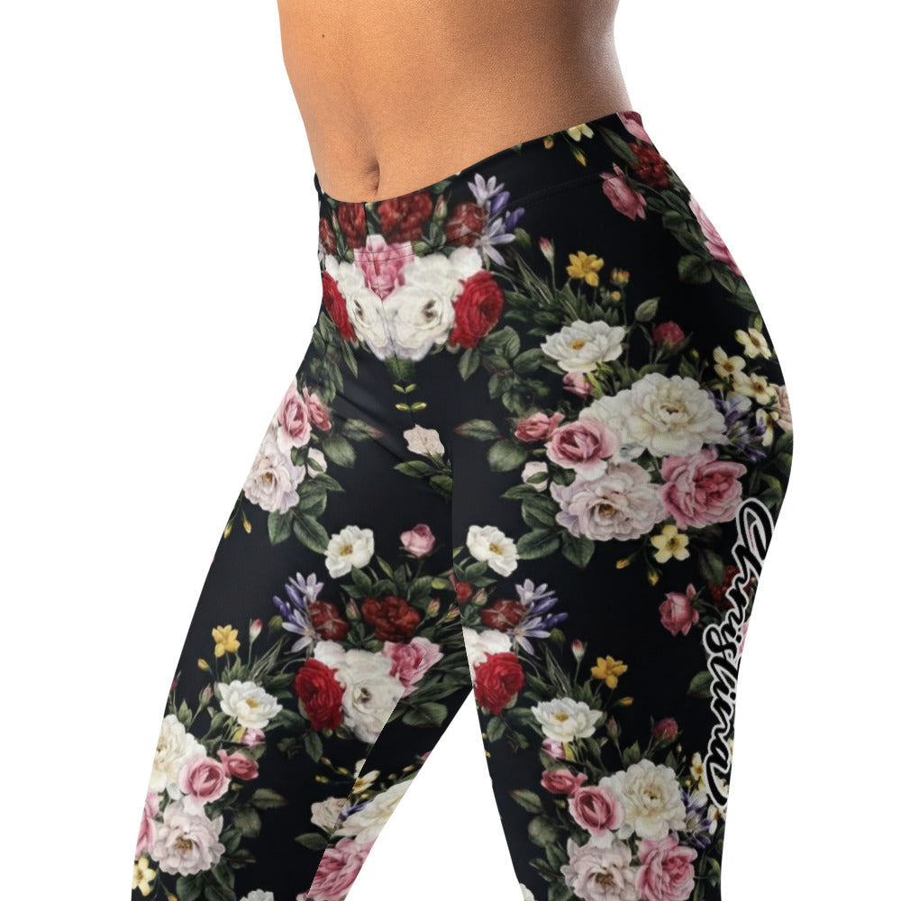 Personalisierte Damen Sportleggings Blumenmuster Schwarz Fitness Yoga Leggings Rosen Design R737
