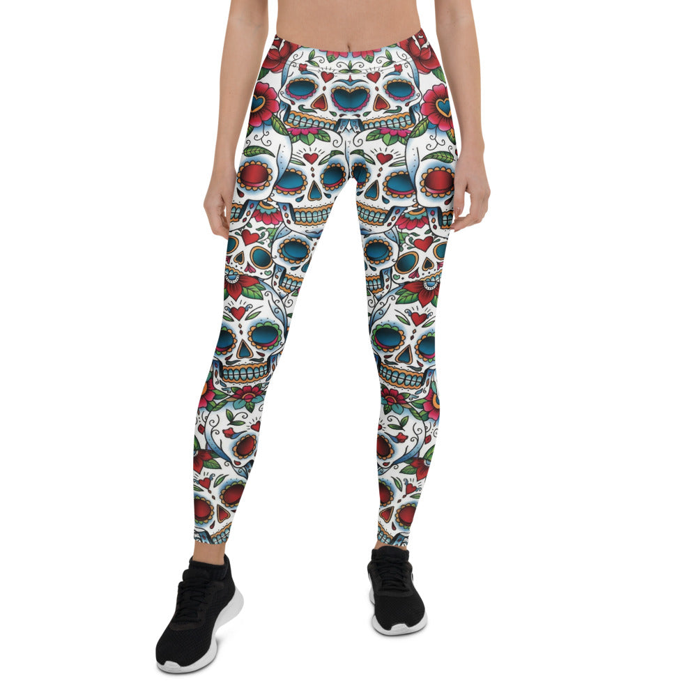 Personalisierte Damen Sportleggings Sugar Skull Totenkopf Design Blumenmuster Fitness Yoga Leggings Weiß Bunt G088
