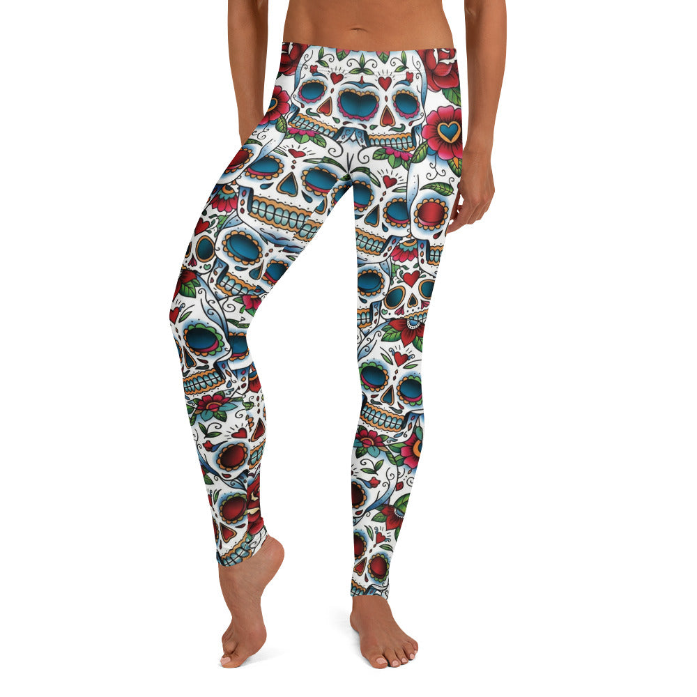 Personalisierte Damen Sportleggings Sugar Skull Totenkopf Design Blumenmuster Fitness Yoga Leggings Weiß Bunt G088