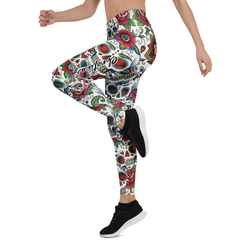 Personalisierte Damen Sportleggings Sugar Skull Totenkopf Design Blumenmuster Fitness Yoga Leggings Weiß Bunt G088