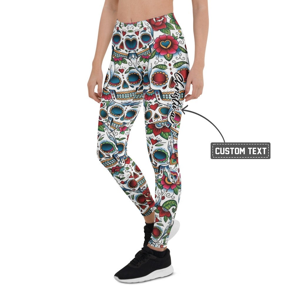 Personalisierte Damen Sportleggings Sugar Skull Totenkopf Design Blumenmuster Fitness Yoga Leggings Weiß Bunt G088 - XL