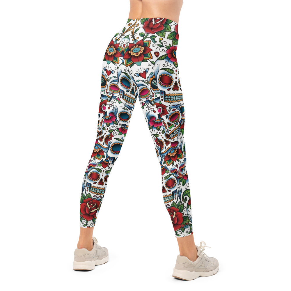 Personalisierte Damen Sportleggings Sugar Skull Totenkopf Design Blumenmuster Fitness Yoga Leggings Weiß Bunt G088
