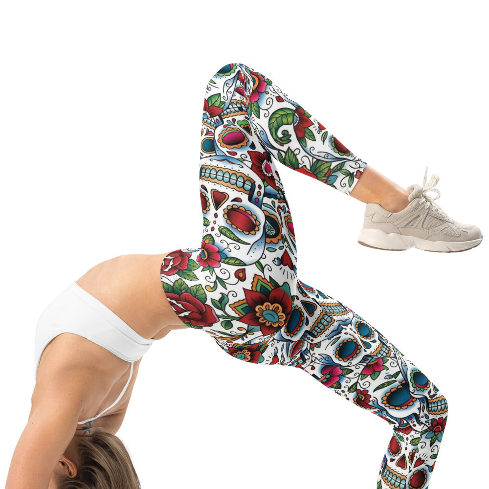 Personalisierte Damen Sportleggings Sugar Skull Totenkopf Design Blumenmuster Fitness Yoga Leggings Weiß Bunt G088