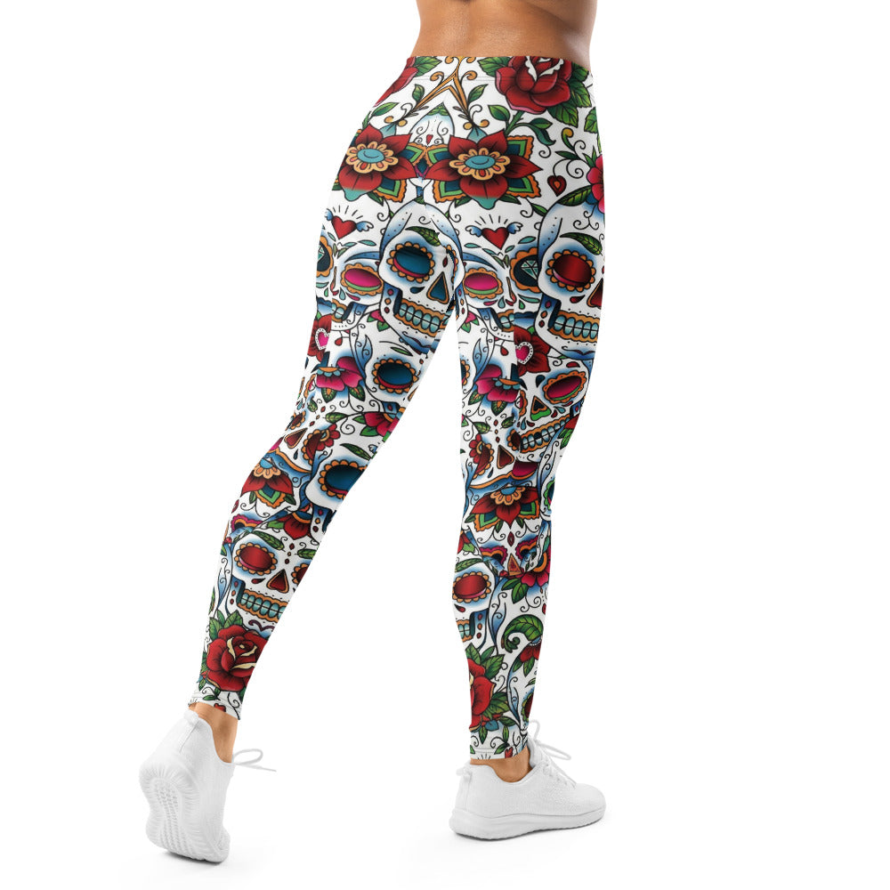 Personalisierte Damen Sportleggings Sugar Skull Totenkopf Design Blumenmuster Fitness Yoga Leggings Weiß Bunt G088