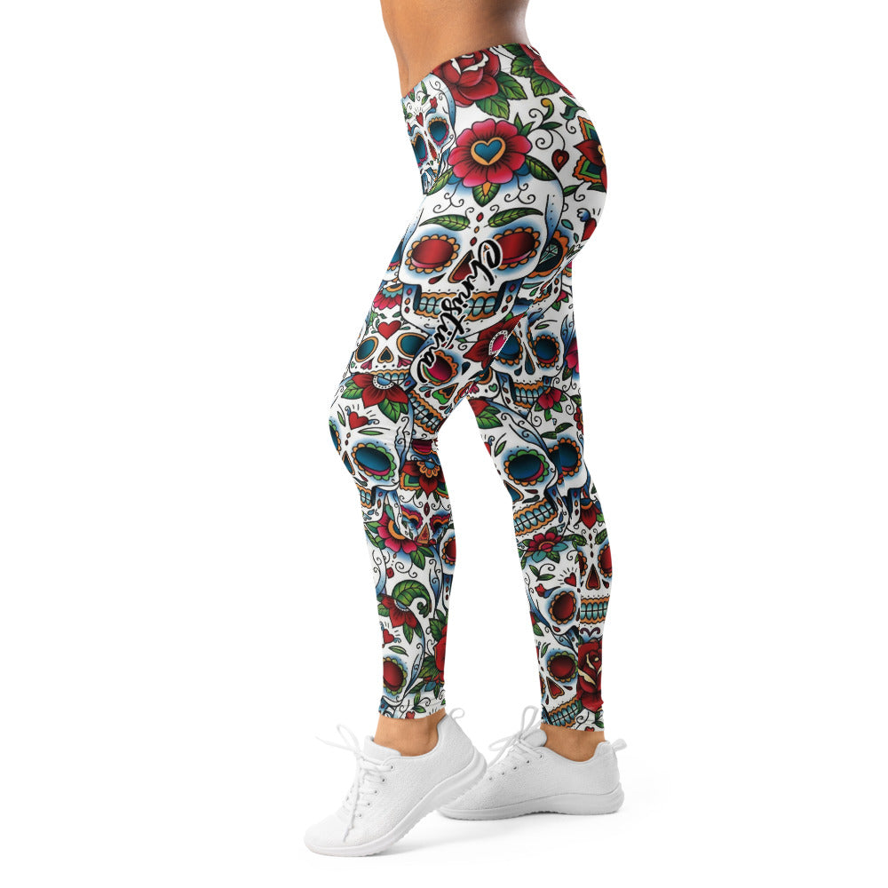 Personalisierte Damen Sportleggings Sugar Skull Totenkopf Design Blumenmuster Fitness Yoga Leggings Weiß Bunt G088