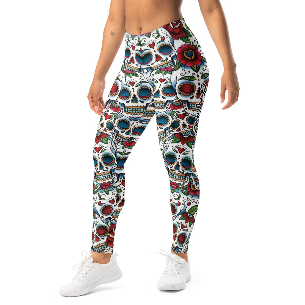 Personalisierte Damen Sportleggings Sugar Skull Totenkopf Design Blumenmuster Fitness Yoga Leggings Weiß Bunt G088