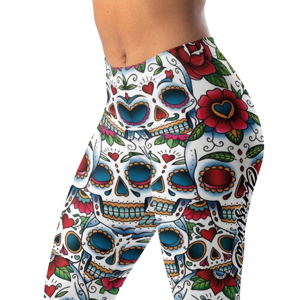 Personalisierte Damen Sportleggings Sugar Skull Totenkopf Design Blumenmuster Fitness Yoga Leggings Weiß Bunt G088