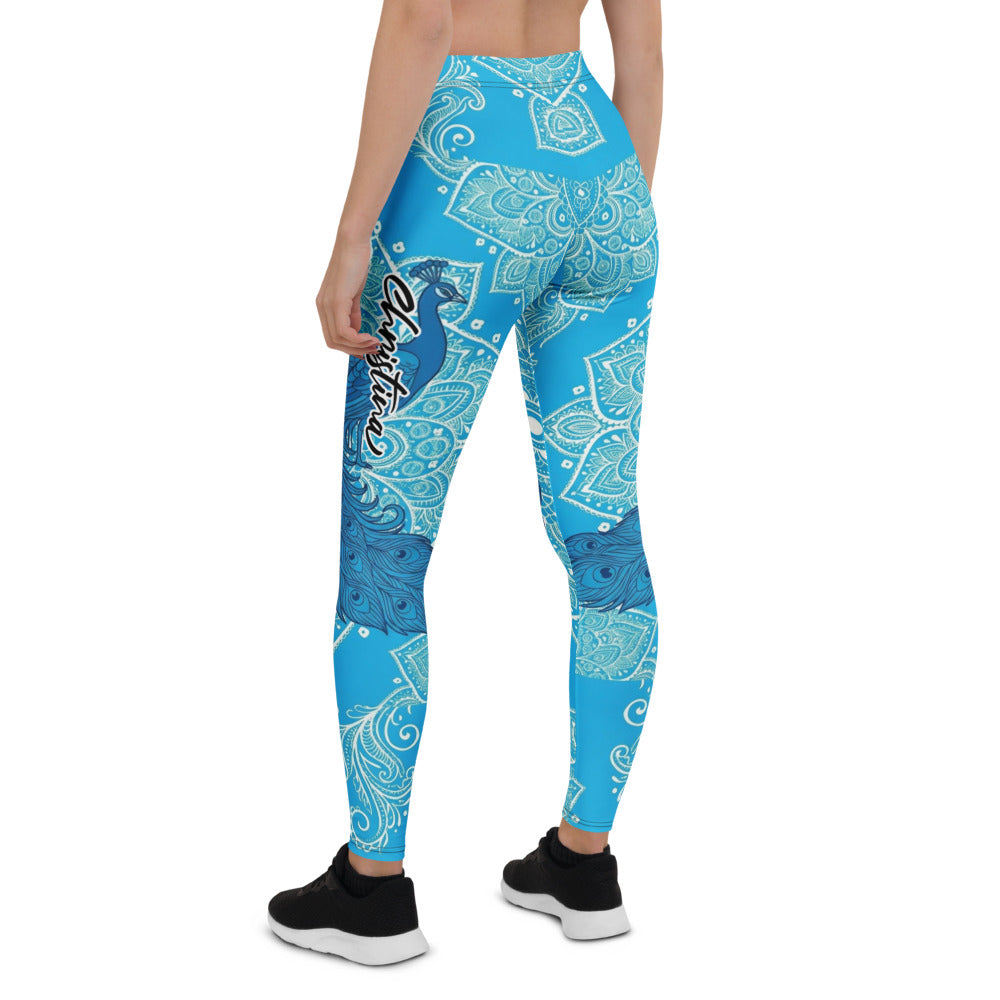 Personalisierte Damen Sportleggings Mandala & Pfauen Design Blau Türkis Fitness Yoga Leggings F236
