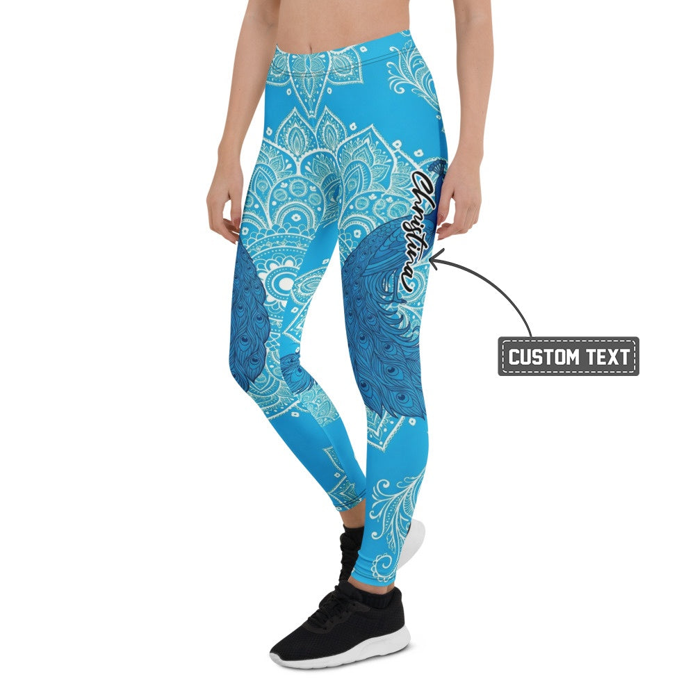 Personalisierte Damen Sportleggings Mandala & Pfauen Design Blau Türkis Fitness Yoga Leggings F236 - XL