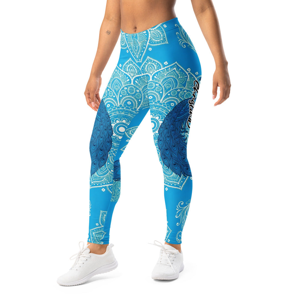 Personalisierte Damen Sportleggings Mandala & Pfauen Design Blau Türkis Fitness Yoga Leggings F236