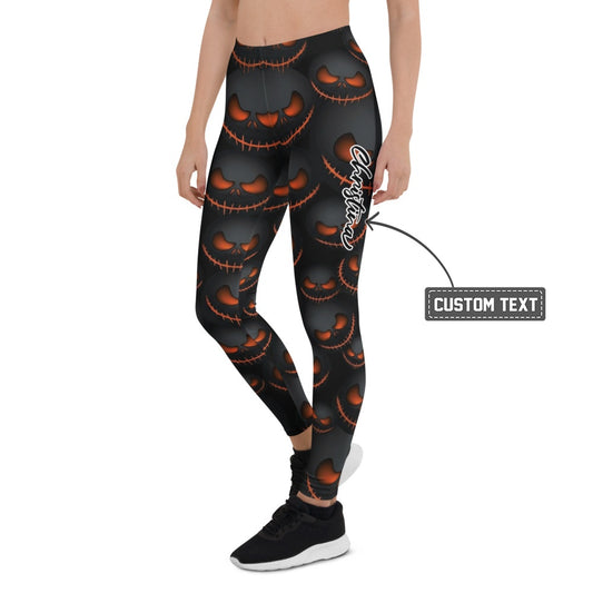 Personalisierte Damen Sportleggings Halloween Kürbis Gesicht Design Schwarz Orange Fitness Leggings X616 - XL