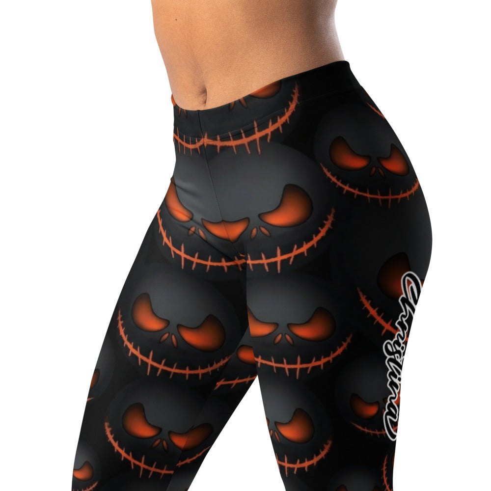 Personalisierte Damen Sportleggings Halloween Kürbis Gesicht Design Schwarz Orange Fitness Leggings X616