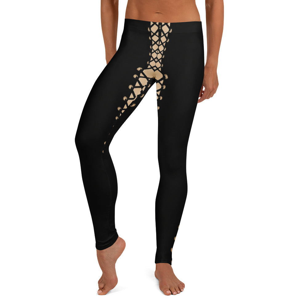 Personalisierte Damen Sportleggings Schnür-Optik Schwarz Beige Fitness Leggings Yoga Hose G843