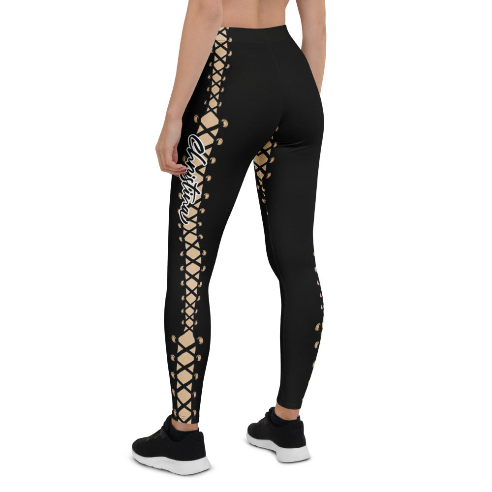 Personalisierte Damen Sportleggings Schnür-Optik Schwarz Beige Fitness Leggings Yoga Hose G843