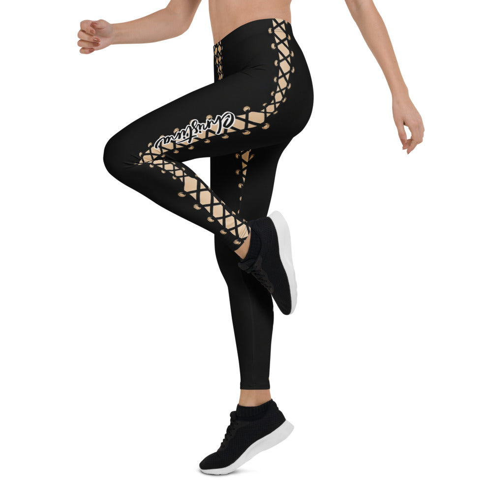 Personalisierte Damen Sportleggings Schnür-Optik Schwarz Beige Fitness Leggings Yoga Hose G843