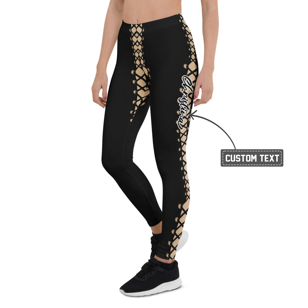 Personalisierte Damen Sportleggings Schnür-Optik Schwarz Beige Fitness Leggings Yoga Hose G843 - XL