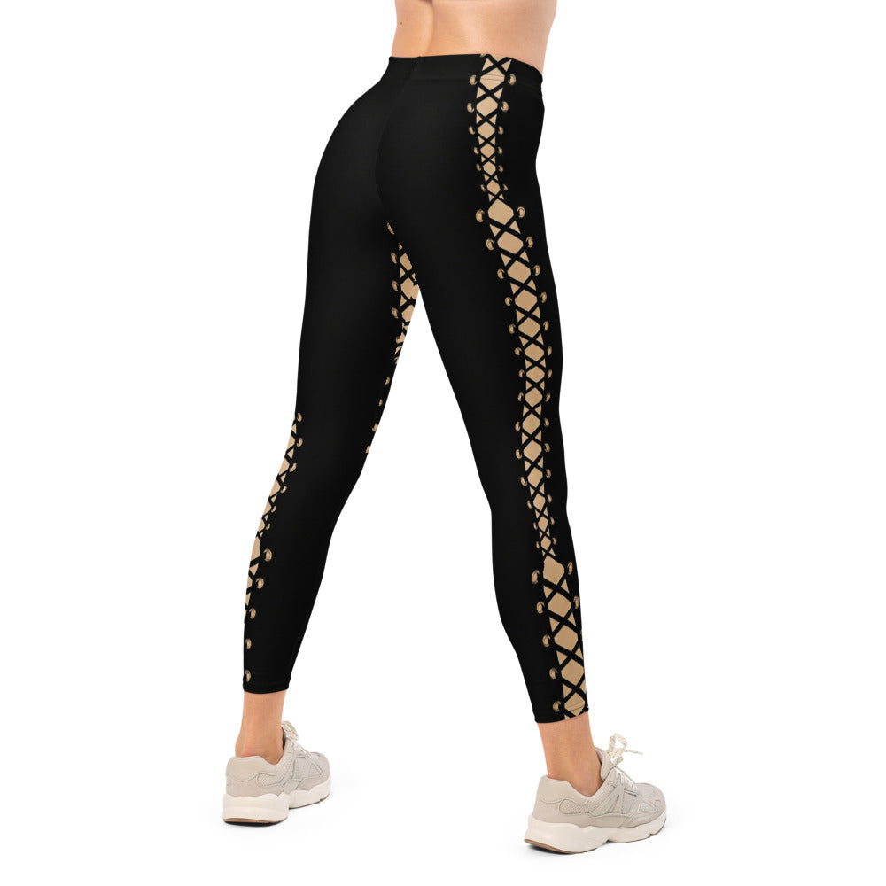 Personalisierte Damen Sportleggings Schnür-Optik Schwarz Beige Fitness Leggings Yoga Hose G843
