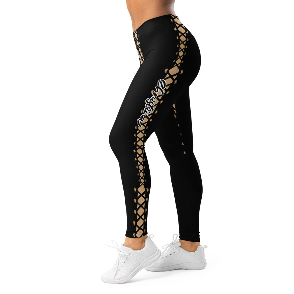 Personalisierte Damen Sportleggings Schnür-Optik Schwarz Beige Fitness Leggings Yoga Hose G843