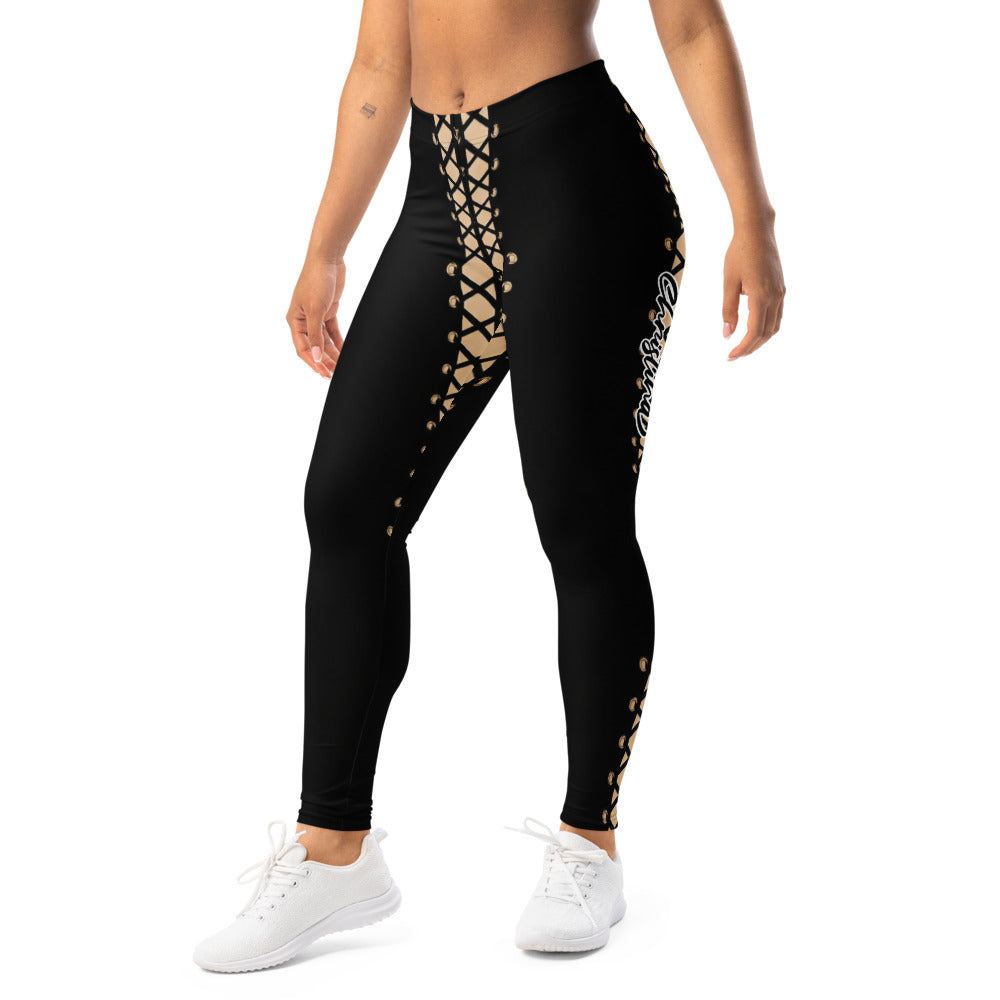 Personalisierte Damen Sportleggings Schnür-Optik Schwarz Beige Fitness Leggings Yoga Hose G843