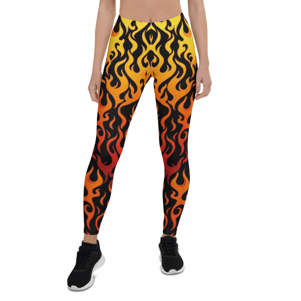 Personalisierte Damen Sportleggings Flammenmuster Schwarz Rot Gelb Fitness Yoga Leggings Feuer Design W228