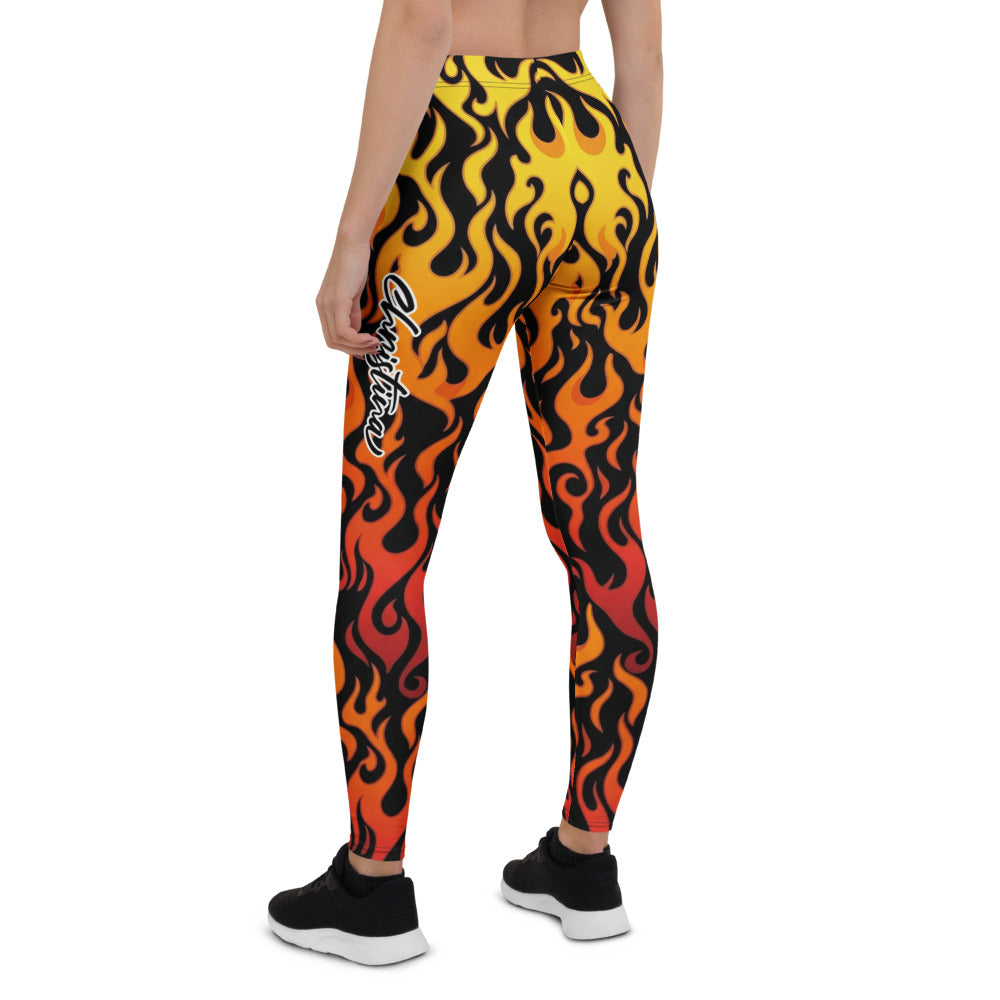 Personalisierte Damen Sportleggings Flammenmuster Schwarz Rot Gelb Fitness Yoga Leggings Feuer Design W228