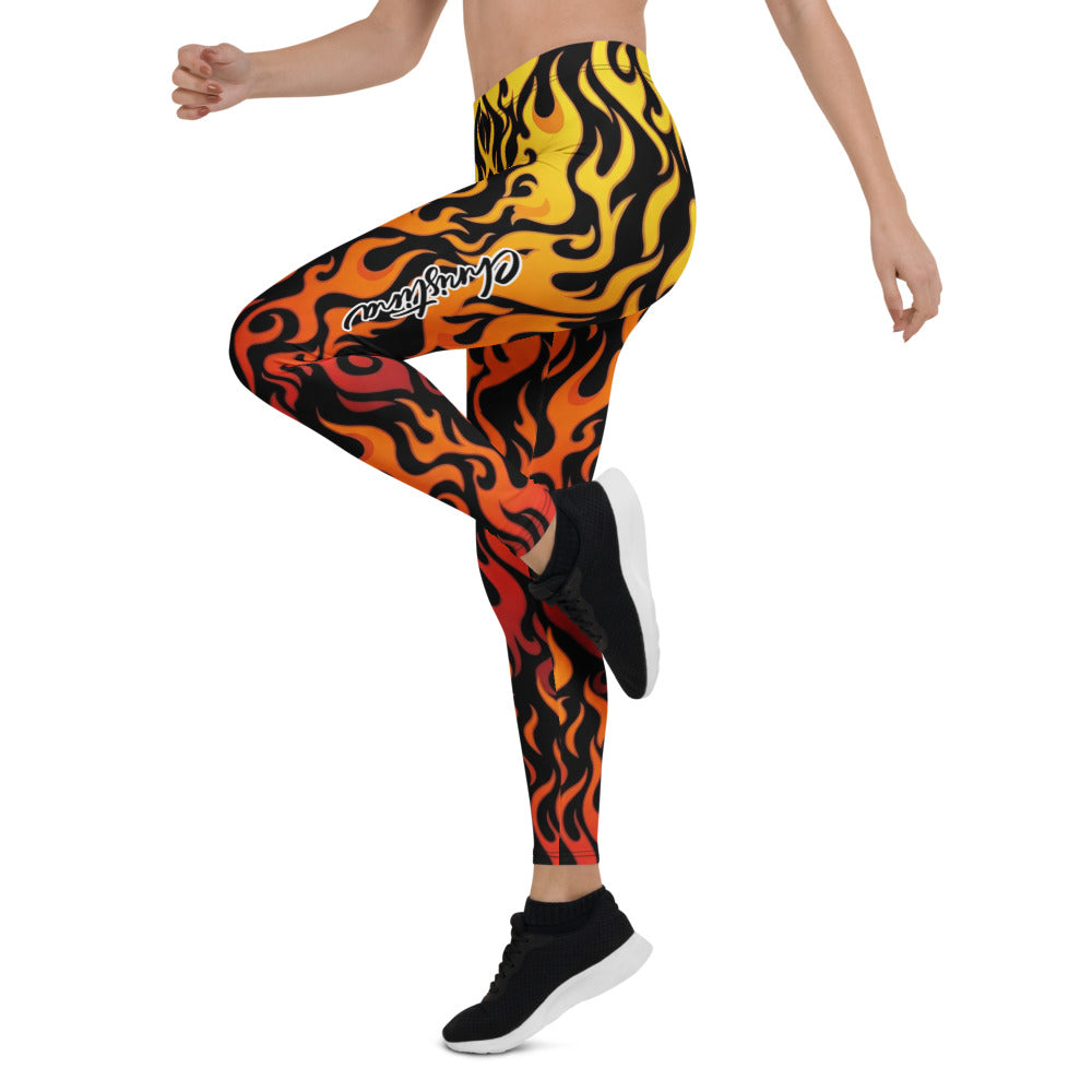 Personalisierte Damen Sportleggings Flammenmuster Schwarz Rot Gelb Fitness Yoga Leggings Feuer Design W228