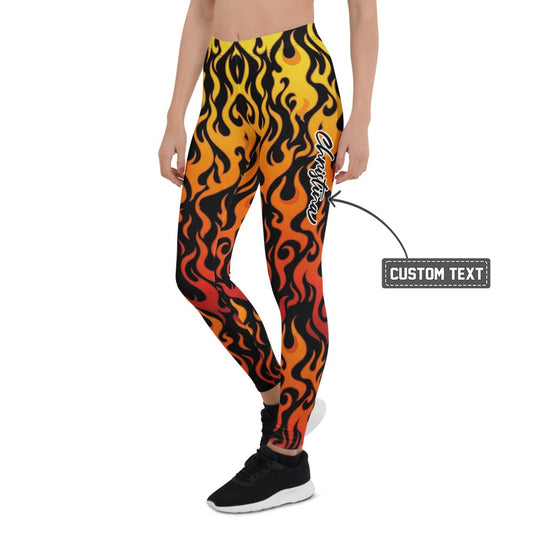 Personalisierte Damen Sportleggings Flammenmuster Schwarz Rot Gelb Fitness Yoga Leggings Feuer Design W228 - XL