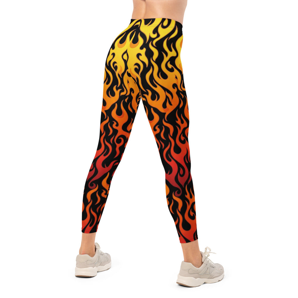 Personalisierte Damen Sportleggings Flammenmuster Schwarz Rot Gelb Fitness Yoga Leggings Feuer Design W228
