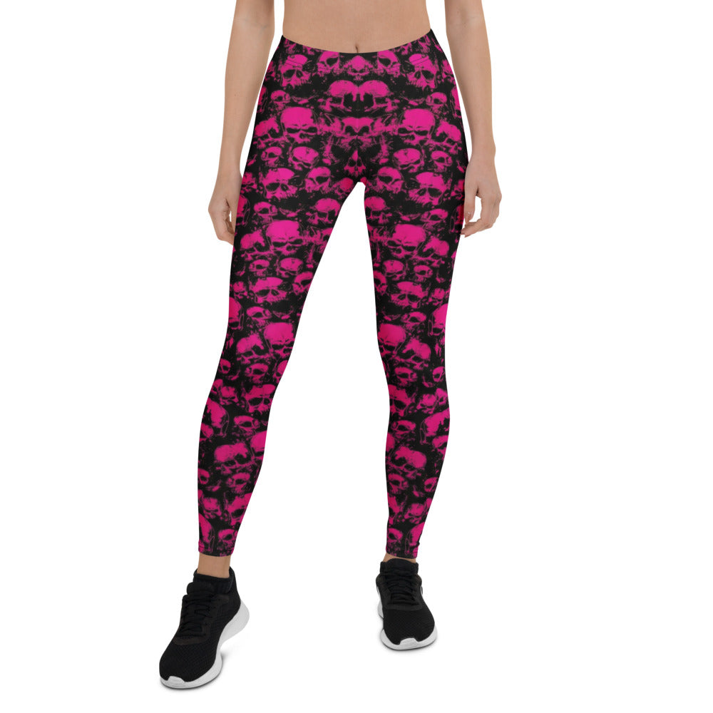 Personalisierte Sportleggings Damen Totenkopf Design Schwarz Pink Fitness Yoga Leggings S195