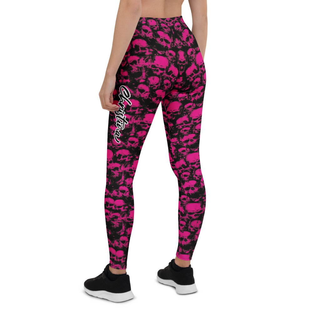 Personalisierte Sportleggings Damen Totenkopf Design Schwarz Pink Fitness Yoga Leggings S195