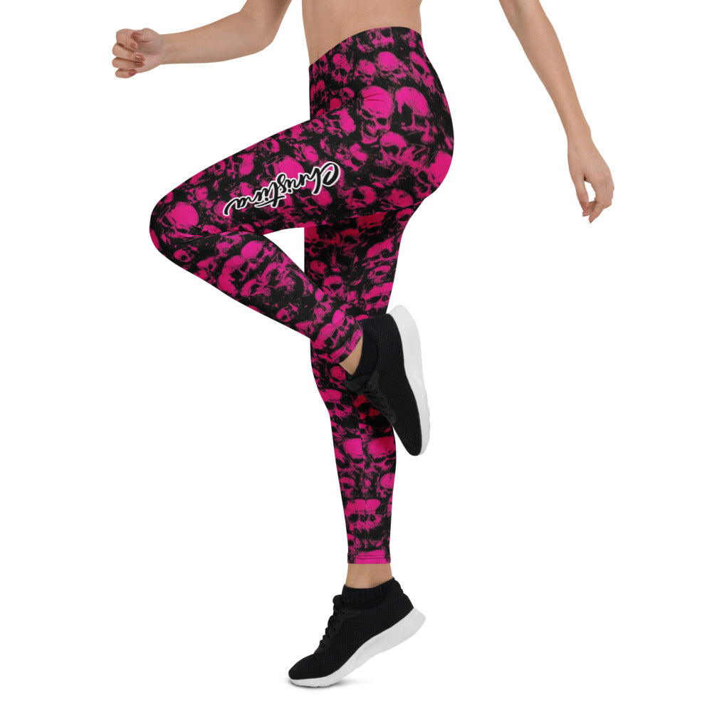 Personalisierte Sportleggings Damen Totenkopf Design Schwarz Pink Fitness Yoga Leggings S195