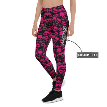 Personalisierte Sportleggings Damen Totenkopf Design Schwarz Pink Fitness Yoga Leggings S195 - XL