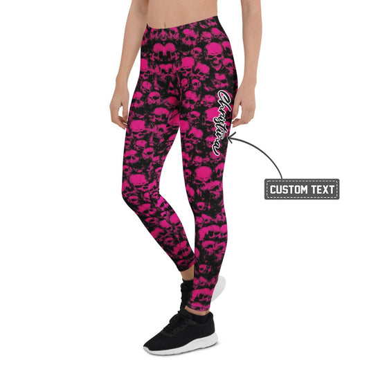 Personalisierte Sportleggings Damen Totenkopf Design Schwarz Pink Fitness Yoga Leggings S195 - XL